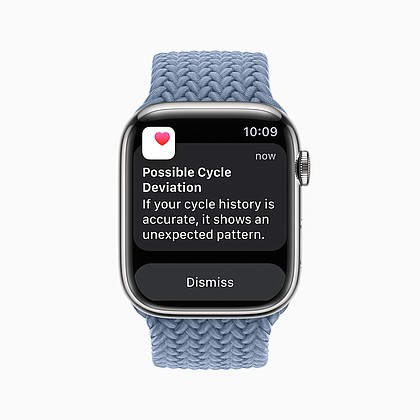 New with iOS 16 and watchOS 9, Cycle Tracking can now send notifications if a user’s logged cycle history shows a possible deviation, including irregular, infrequent, or prolonged periods.