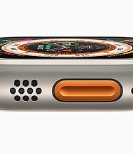 Apple Watch Ultra features a new customizable Action button in high-contrast international orange that gives users quick physical control for a range of functions.