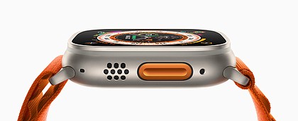 Apple Watch Ultra features a new customizable Action button in high-contrast international orange that gives users quick physical control for a range of functions.