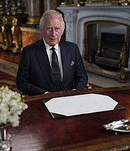 "May flights of angels sing thee to thy rest," King Charles III says "to my darling mama," in his first speech as King.
Mandatory Credit:	Yui Mok/Pool Photo via AP
