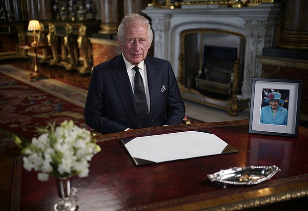 "May flights of angels sing thee to thy rest," King Charles III says "to my darling mama," in his first speech as King.
Mandatory Credit:	Yui Mok/Pool Photo via AP