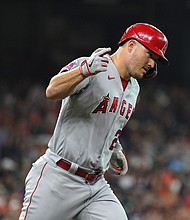 Ten-time Major League Baseball All-Star Mike Trout hit his seventh homer in seven games with a two-run drive in the fifth inning, but it wasn't enough as the Los Angeles Angels fell to the Cleveland Guardians 5-4.
Mandatory Credit:	Bob Levey/Getty Images