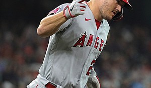 Ten-time Major League Baseball All-Star Mike Trout hit his seventh homer in seven games with a two-run drive in the fifth inning, but it wasn't enough as the Los Angeles Angels fell to the Cleveland Guardians 5-4.
Mandatory Credit:	Bob Levey/Getty Images