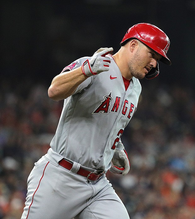 Ten-time Major League Baseball All-Star Mike Trout hit his seventh homer in seven games with a two-run drive in the fifth inning, but it wasn't enough as the Los Angeles Angels fell to the Cleveland Guardians 5-4.
Mandatory Credit:	Bob Levey/Getty Images