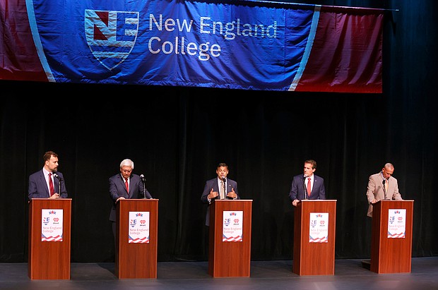 New Hampshire Republicans are set to choose their candidate to take on Democratic Sen. Maggie Hassan on September 13. New Hampshire Republicans running for the Senate nomination are pictured here on the debate stage.
Mandatory Credit:	Mary Schwalm/AP