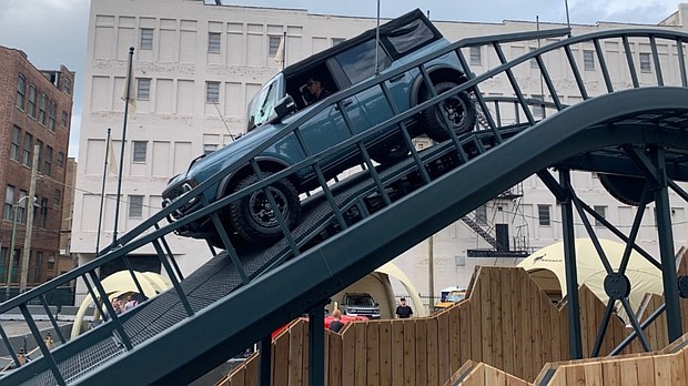 Shown here at the Chicago Auto Show, the Built Wild Drive Track allows Detroit Auto Show attendees experience Bronco's off-road capabilities.