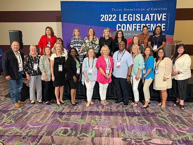 Texas County and District Clerks at the TAC legislation discussion in Austin. Clerk Teneshia Hudspeth is on top row, left side.