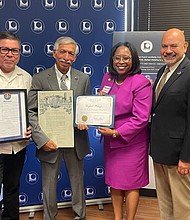 Clerk Teneshia Hudspeth presented a Certificate of Appreciation to Rafael Palafox at NALEO retirement reception. (L to R: HCCO Sr. Advisor of Government Affairs Hector De Leon, Rafael Palafox, Clerk Teneshia Hudspeth, Arturo Vargas, CEO of NALEO Educational Fund)