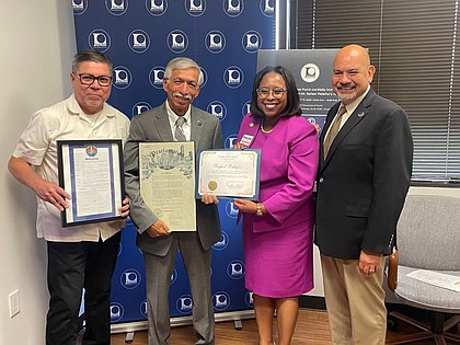 Clerk Teneshia Hudspeth presented a Certificate of Appreciation to Rafael Palafox at NALEO retirement reception. (L to R: HCCO Sr. Advisor of Government Affairs Hector De Leon, Rafael Palafox, Clerk Teneshia Hudspeth, Arturo Vargas, CEO of NALEO Educational Fund)