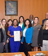 Harris County Clerk Teneshia Hudspeth and team receive a Resolution for HCCO’s Back-to-School Birth Certificates Program at Commissioners Court on Tuesday, August 23, 2022.