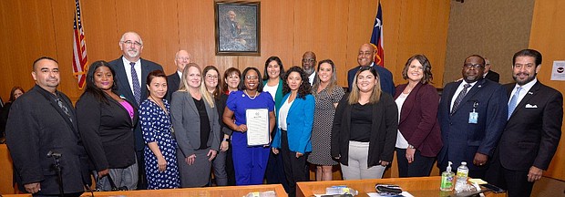 Harris County Clerk Teneshia Hudspeth and team receive a Resolution for HCCO’s Back-to-School Birth Certificates Program at Commissioners Court on Tuesday, August 23, 2022.