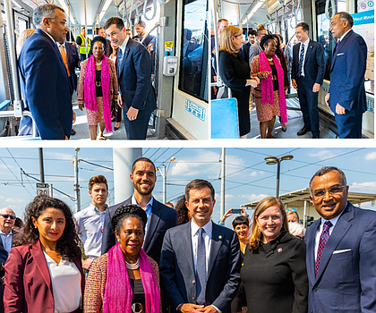 Joining the visit at METRO's Burnett Transit Center were Harris County Judge Lina Hidalgo and U.S. Rep. Lizzie Fletcher.