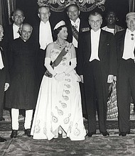 Photograph of Queen Elizabeth II and Commonwealth leaders, taken at the 1960 Commonwealth Conference, Windsor Castle. Front row: (left to right) E. J. Cooray, Walter Nash, Jawaharlal Nehru, Elizabeth II, John Diefenbaker, Robert Menzies, Eric Louw. Back row: Tunku Abdul Rahman, Roy Welensky, Harold Macmillan, Mohammed Ayub Khan, Kwame Nkrumah — May 1960 — (Photo: John G. Diefenbaker Centre, Saskatoon, Canada / British Government)