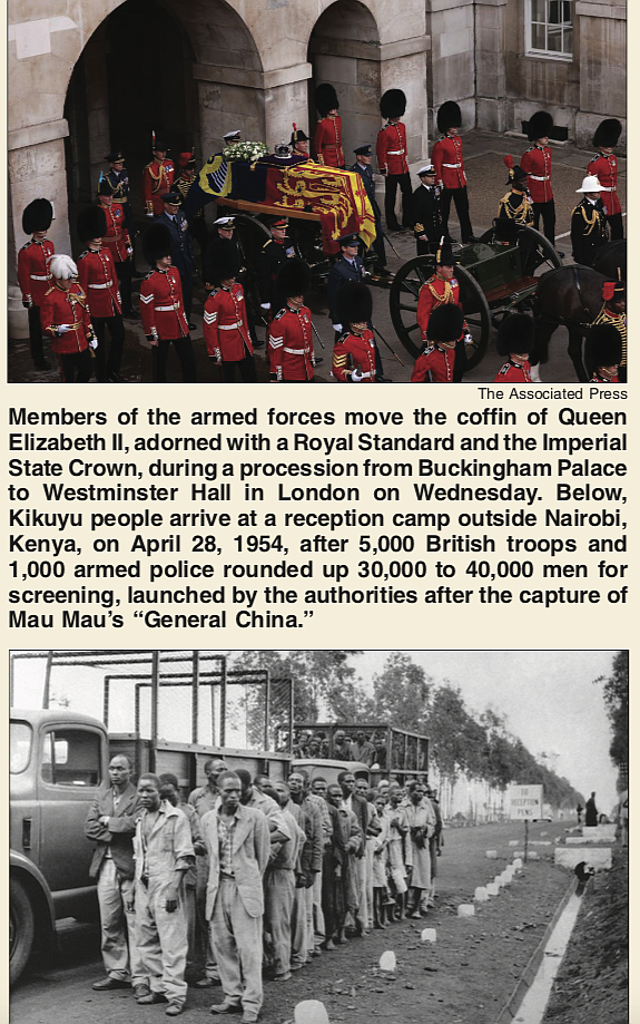 The coffin of Queen Elizabeth II, who died Sept. 8, left Buckingham Palace for the last time Wednesday, borne on ...