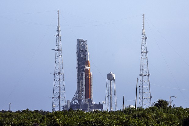 NASA's Artemis I rocket sits on launch pad 39-B at Kennedy Space Center on September 3 in Cape Canaveral, Florida. The Artemis I rocket is gearing up for another test Wednesday before its next launch attempt to journey around the moon and back.
Mandatory Credit:	Kevin Dietsch/Getty Images