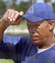 Los Angeles Dodgers bunting and base running coordinator Maury Wills adjusts his cap during spring training at Dodgertown in Vero Beach, Fla. Wills remembered back 43 years ago to that April night when he became the first batter to hit on artificial turf in a major league game. Even when the green rug was novel, he didn't like it.
Mandatory Credit:	RICHARD DREW/ASSOCIATED PRESS