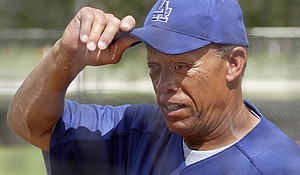 Los Angeles Dodgers bunting and base running coordinator Maury Wills adjusts his cap during spring training at Dodgertown in Vero Beach, Fla. Wills remembered back 43 years ago to that April night when he became the first batter to hit on artificial turf in a major league game. Even when the green rug was novel, he didn't like it.
Mandatory Credit:	RICHARD DREW/ASSOCIATED PRESS