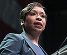 Former Boston city councilor and current candidate for state attorney general Andrea Campbell speaks
June 4 during the state’s Democratic Party convention in Worcester, Mass. Ms. Campbell, who hopes to succeed Maura Healey as attorney general, would be the first Black woman to hold that post.