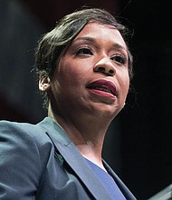 Former Boston city councilor and current candidate for state attorney general Andrea Campbell speaks
June 4 during the state’s Democratic Party convention in Worcester, Mass. Ms. Campbell, who hopes to succeed Maura Healey as attorney general, would be the first Black woman to hold that post.