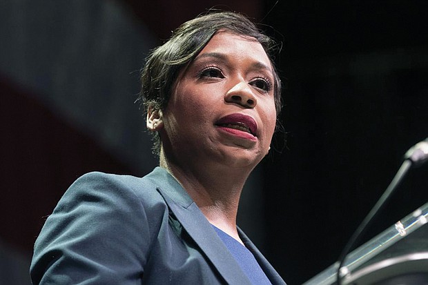 Former Boston city councilor and current candidate for state attorney general Andrea Campbell speaks
June 4 during the state’s Democratic Party convention in Worcester, Mass. Ms. Campbell, who hopes to succeed Maura Healey as attorney general, would be the first Black woman to hold that post.