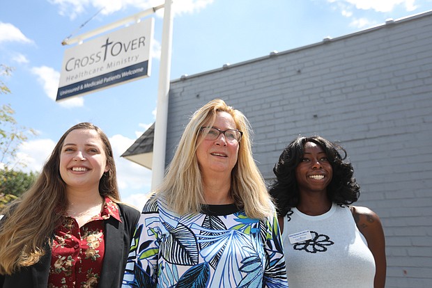 CrossOver Healthcare Ministry’s (from left) Kaitlyn Patterson, nursing manager, Julie Bilodeau, CEO, and Khafayat Akapolawal, Medicaid program coordinator, are among several professionals who help provide quality health care to patients and others in need of the organization’s services. The women are pictured at CrossOver’s 108 Cowardin Ave. location. A $50,000 Health Equity Fund grant also enables CrossOver, which has a second location in Henrico County, to expand outreach and prepare ahead of a potential rise in COVID cases in the fall.