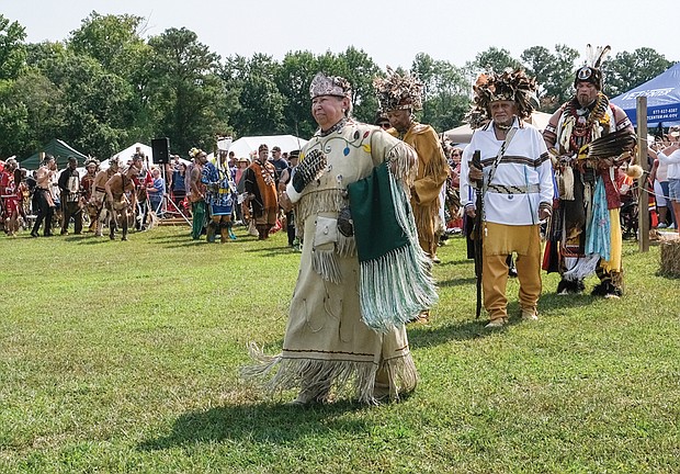 The Nottoway Indian Tribe’s Annual PowWow returned Sept. 17 and 18 at the Surry County Parks and Recreation Center in Surry. Native arts, crafts, food and more were featured during the two-day event sponsored by the Virginia Nottoway Indian Circle and Square Foundation and the Surry County Parks and Recreation. Highlights included primitive weapons demonstrations, historical enactments and storytelling activities. In this photo, Nottoway Chief Lynette Allston leads the PowWow’s grand entry
