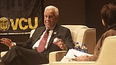 L. Douglas Wilder, left, and Susan Gooden, dean of the Wilder School at Virginia Commonwealth University, share the stage Monday for the 2022 Wilder Symposium discussion and Q&A at the Singleton Center for the Performing Arts on VCU’s campus.