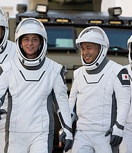 (From left) NASA astronauts Josh Cassada and Nicole A. Mann, JAXA astronaut Koichi Wakata, and Roscosmos cosmonaut Anna Kikina are shown during rehearsal at Kennedy Space Center in Florida.
Mandatory Credit:	Joel Kowsky/NASA