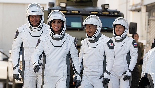 (From left) NASA astronauts Josh Cassada and Nicole A. Mann, JAXA astronaut Koichi Wakata, and Roscosmos cosmonaut Anna Kikina are shown during rehearsal at Kennedy Space Center in Florida.
Mandatory Credit:	Joel Kowsky/NASA
