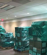 Pallets of boxed items stacked in a Crystal City, Virginia's office waiting to be moved to Florida for former President Donald Trump.
Mandatory Credit:	General Services Administration