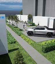 Rendering of a 2024 Chevrolet Silverado EV RST in a business setting that hosts Ultium Commercial products and services. Simulated product shown, subject to change. Simulated vehicle shown. Actual production will vary.