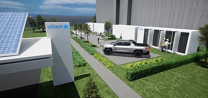 Rendering of a 2024 Chevrolet Silverado EV RST in a business setting that hosts Ultium Commercial products and services. Simulated product shown, subject to change. Simulated vehicle shown. Actual production will vary.