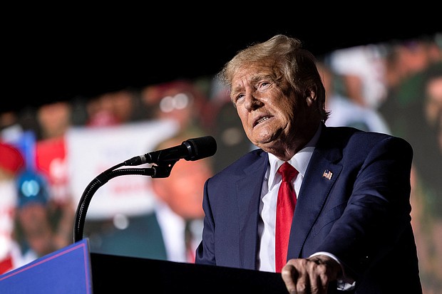 A judge on Wednesday denied former President Donald Trump's request to pause his deposition in the E. Jean Carroll defamation lawsuit. Trump here speaks at a rally in Minden, Nevada, on October 8.
Mandatory Credit: Carlos Barria/Reuters