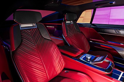 Rear seats and middle console of the Cadillac CELESTIQ show car.