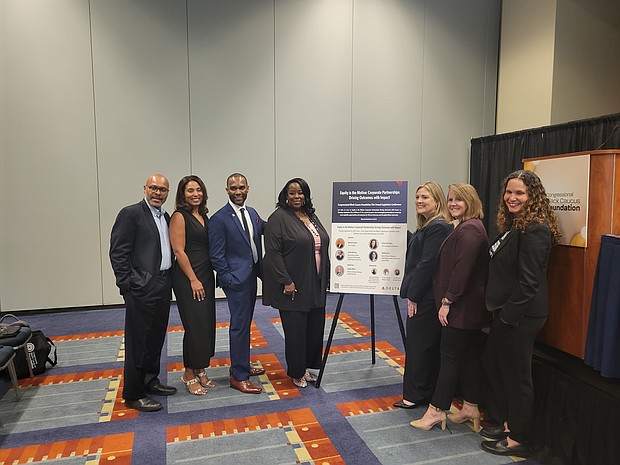 Maurice Jones, CEO – OneTen, Cherie Wilson, Vice President, Government Affairs – Delta Air Lines, Keyra Lynn Johnson, Vice President and Chief Diversity, Equity and Inclusion Officer – Delta Air Lines, Ashley Black, Managing Director, Equity Strategies – Delta Air Lines,  Ashley Furst, Senior Program Manager – Responsible Business Initiative for Justice and Tanya Van Court, CEO – Goal Setter. Photo by Steven N. Larkin, National Newspaper Publishers Association (NNPA)