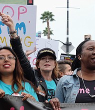 Organizer Brenda Gutierrez, actress Frances Fisher and activist and #MeToo campaign founder Tarana Burke participate in the Take Back The Workplace March and #MeToo Survivors March & Rally in 2017.
Mandatory Credit:	Sarah Morris/Getty Images/FILE