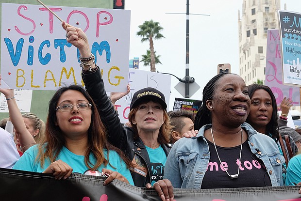 Organizer Brenda Gutierrez, actress Frances Fisher and activist and #MeToo campaign founder Tarana Burke participate in the Take Back The Workplace March and #MeToo Survivors March & Rally in 2017.
Mandatory Credit:	Sarah Morris/Getty Images/FILE