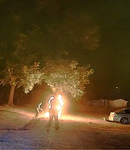 A motorcyclist erupts in flames after being tased by a Arkansas State Police trooper on October 13.
Mandatory Credit:	Arkansas State Police via KHBS