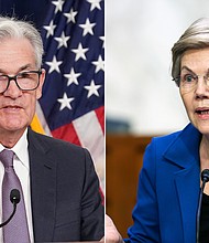 Federal Reserve Chairman Jerome Powell and Sen. Elizabeth Warren. Warren has highlighted comments from economists who worry the Fed is moving too aggressively to squash inflation.
Mandatory Credit:	Kevin Lamarque/Reuters/Win McNamee/Getty Images
