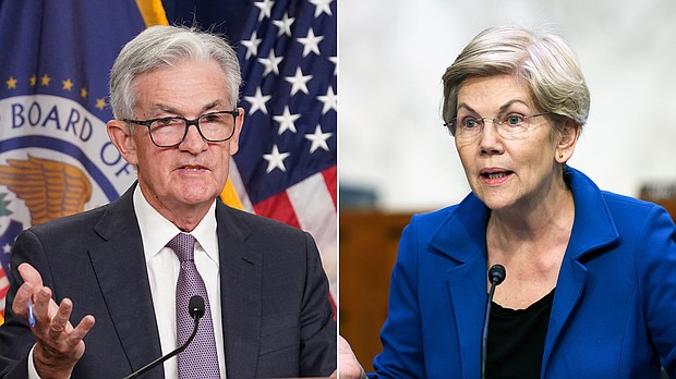 Federal Reserve Chairman Jerome Powell and Sen. Elizabeth Warren. Warren has highlighted comments from economists who worry the Fed is moving too aggressively to squash inflation.
Mandatory Credit:	Kevin Lamarque/Reuters/Win McNamee/Getty Images