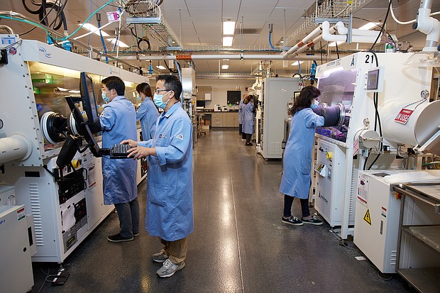 GM Research and Development battery surface coating lab
GM electrochemists working on future battery technology at the company's Research and Development battery surface coating lab in Warren, Michigan. (Photo by Jenny Risher for General Motors)