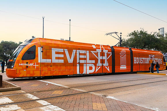 Today, METRO unveiled its 2022 Houston Astros World Series-themed light rail vehicle (LRV).