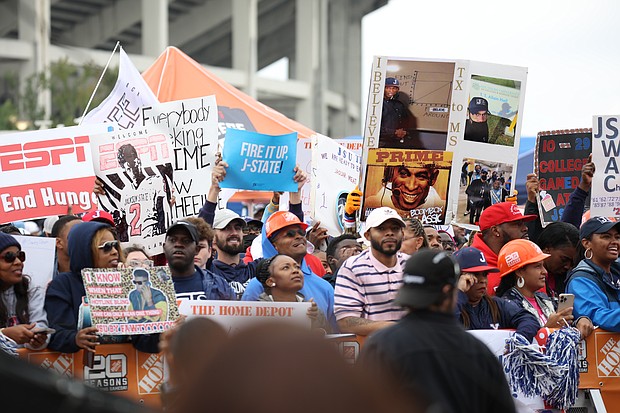 Jackson State University fans display colorful signs during the ESPN College Gameday broadcast outside of Veterans Memorial Stadium on Saturday, Oct. 29, 2022. (Photo courtesy Jackson State University / Micah Sanford)