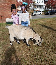 Genisis Brooks, 4, left, and Eboni Watford, 5, pet a goat that was grazing Sunday at New Generation Church, 19 Overbrook Road. The church rented a cow, a llama, three goats, two ponies and a piglet from the Teeny Tiny Farm in Suffolk to share with children and their parents after services.