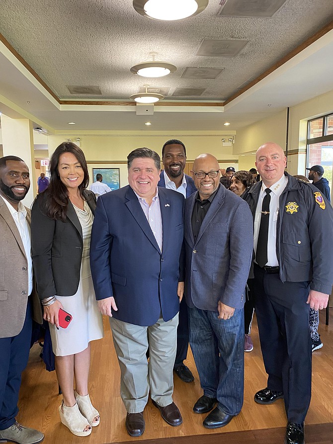 Governor Pritzker joined by Calumet City Mayor Thaddeus Jones, Sen. Harris and other Cal City administrators.  Photo provided by STH Media.