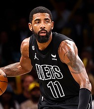 Kyrie Irving, here in New York on October 31, will begin suspension of at least 5 games Friday over antisemitism controversy.
Mandatory Credit: Jessie Alcheh/AP