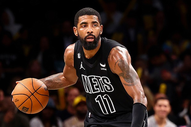 Kyrie Irving, here in New York on October 31, will begin suspension of at least 5 games Friday over antisemitism controversy.
Mandatory Credit:	Jessie Alcheh/AP
