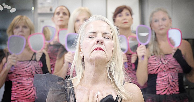 A Calendar Girls dance routine involving handheld mirrors and pink leopard outfits.
Mandatory Credit:	Love Martinsen