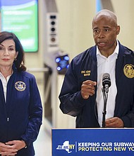New York City Mayor Eric Adams and New York Gov. Kathy Hochul are seen at a news conference on October 22. Democratic officials and strategists in New York tell CNN they are bracing for what could be stunning losses in the governor's race.
Mandatory Credit: Steve Sands/NewYorkNewswire/MediaPunch/IPx/AP