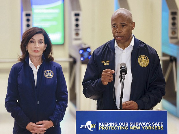 New York City Mayor Eric Adams and New York Gov. Kathy Hochul are seen at a news conference on October 22. Democratic officials and strategists in New York tell CNN they are bracing for what could be stunning losses in the governor's race.
Mandatory Credit:	Steve Sands/NewYorkNewswire/MediaPunch/IPx/AP